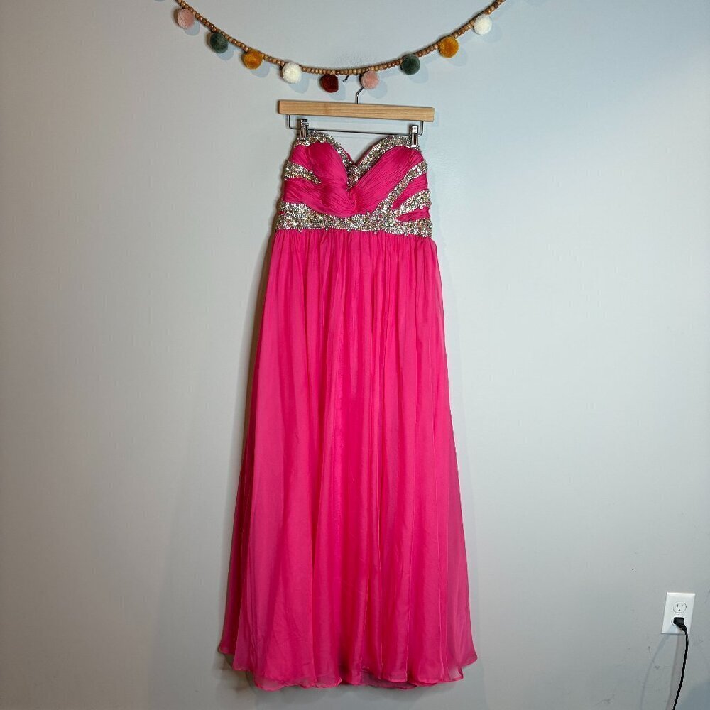 Sherri Hill bright pink embellished strapless formal dress